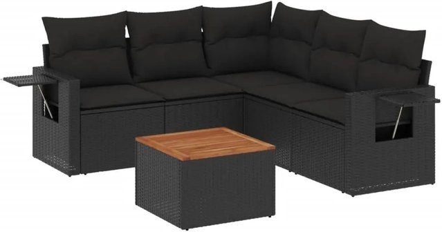 vidaXL 6-teilige Garten-Sofagarnitur in L-Form aus Polyrattan und Akazienholz mit Kissen in Schwarz - Bild 1