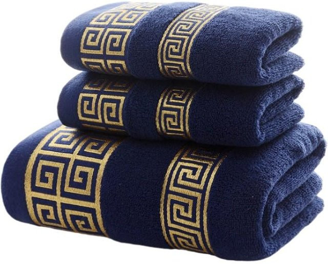 3-teiliges Set schwarze Baumwoll-Badetücher mit Jacquard-Design, bestehend aus 2 Hand- und Gesichtstüchern (Breite: 34 cm, Höhe: 74 cm) und 1 großem Badetuch (Breite: 70 cm, Höhe: 140 cm) - Bild 1