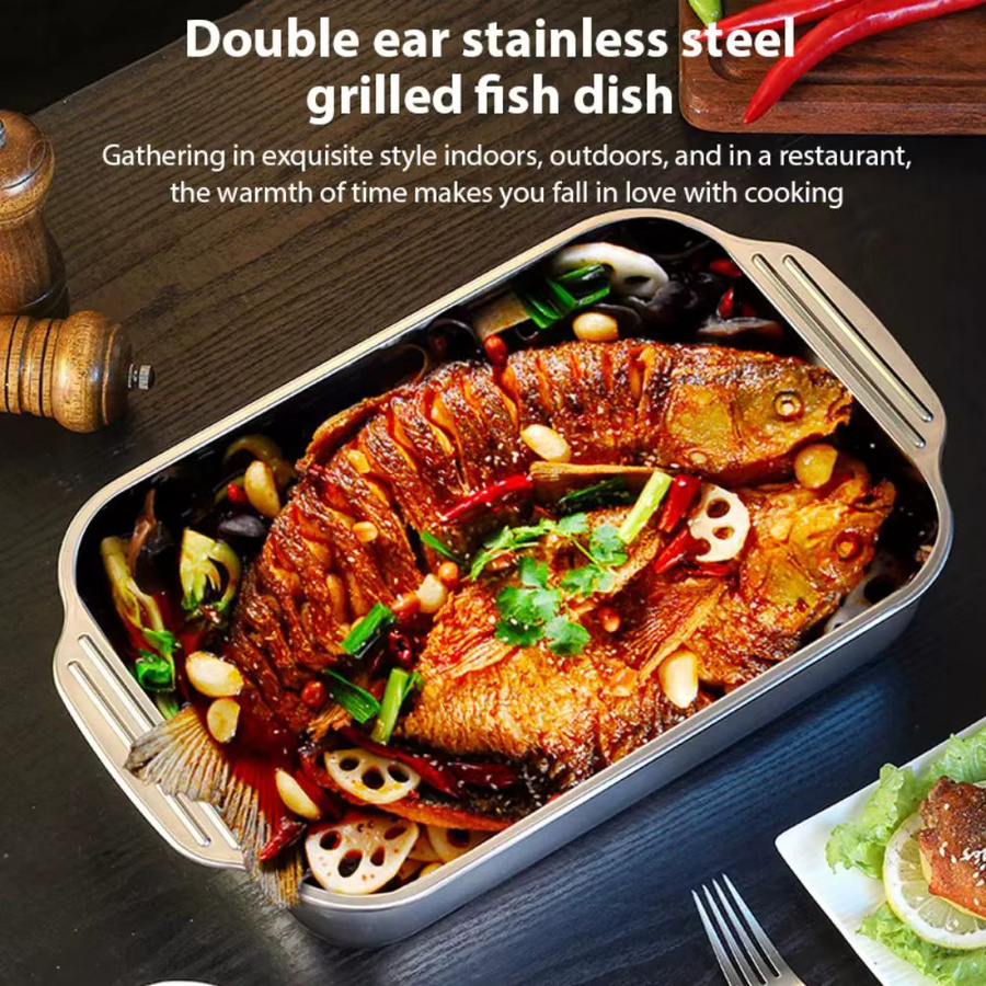 FEB.WIND Grilltablett aus Edelstahl mit Deckel und Doppelohren, rechteckige Fischbackform in Silber - Bild 3