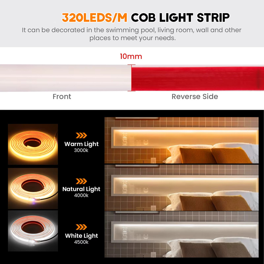 HEGEHE COB Neon LED-Streifen IP68 Wasserdicht für Garten und Outdoor, Flexibles Silikon Band mit 320 LEDs/m, Farben: Gelb, Rot, Weiß, Blau, Grün, Multicolour - Bild 5