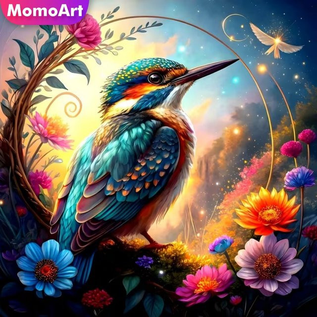 Momoart DIY Diamantmalerei Set mit Blumen und Vögeln, Rundes Mosaik, Multicolour - Bild 1