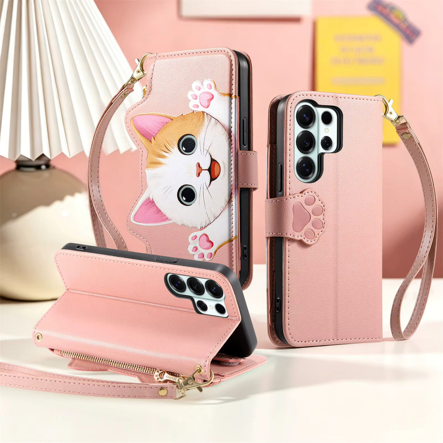 Lederhülle mit Riemen und Reißverschluss für Samsung Galaxy S26 Ultra S25 Edge S24 S22 Plus S23 FE A57 A27 A37 A56 A36 A55 mit Karten- und Handyfach in Grün und Pink - Bild 5