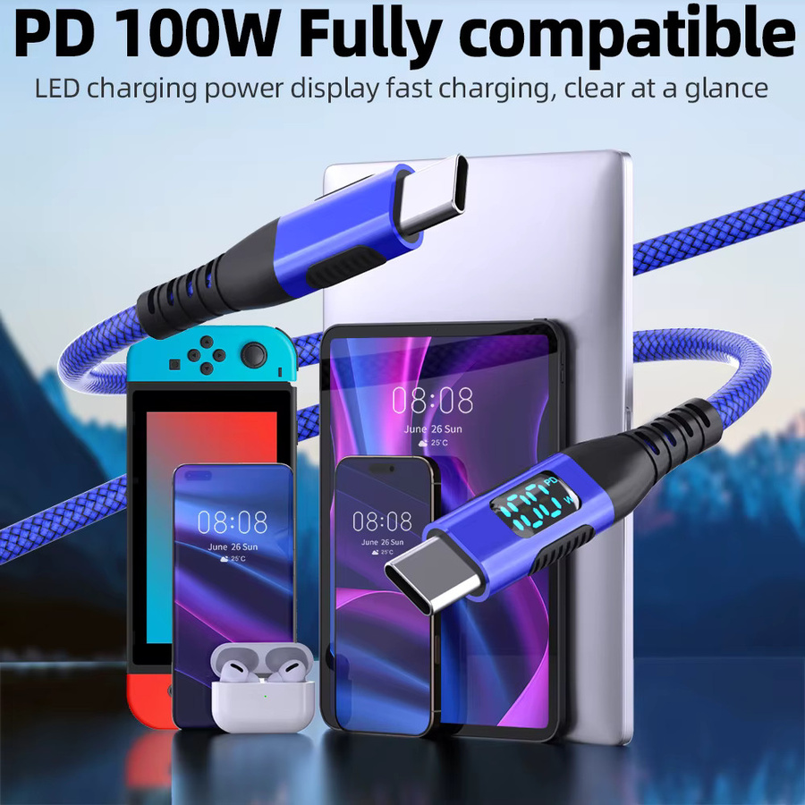 LAIHONEN USB-C auf Typ-C Kabel mit dynamischem LED-Display, 100 W, Blau, Hochgeschwindigkeits-Datenübertragung und langlebigem PVC-Nylon - Bild 5