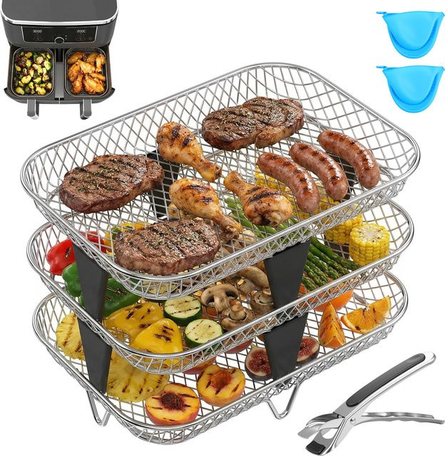 Willstar 3-teiliges stapelbares Luftfritteusen-Gestell aus Edelstahl in Silber mit antihaftbeschichtetem Grillkorb und Dehydrator-Korb - Bild 1