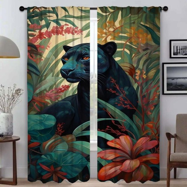 Set aus 2 semi-transparenten Küchenvorhängen mit Tier-Motiven für Wohnzimmer und Küche, Halloween-Dekoration, B: 50 cm, H: 70 cm - Bild 1