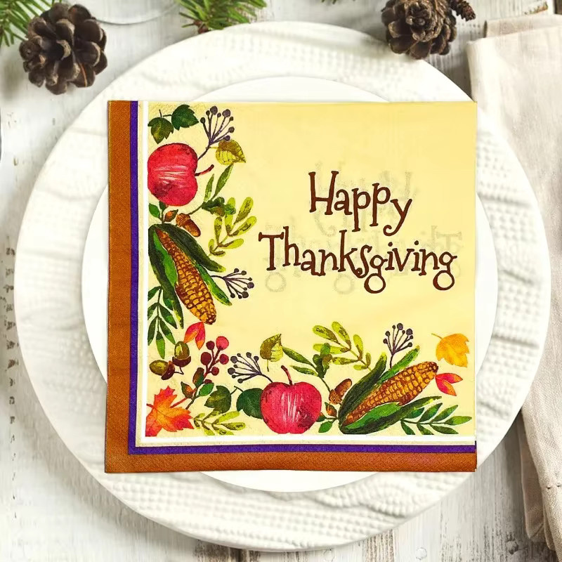 GUANYAO Thanksgiving Servietten mit Mais und Ahornblatt Motiv, 20 Stück, Gelb und Braun, Breite: 33 cm - Bild 2