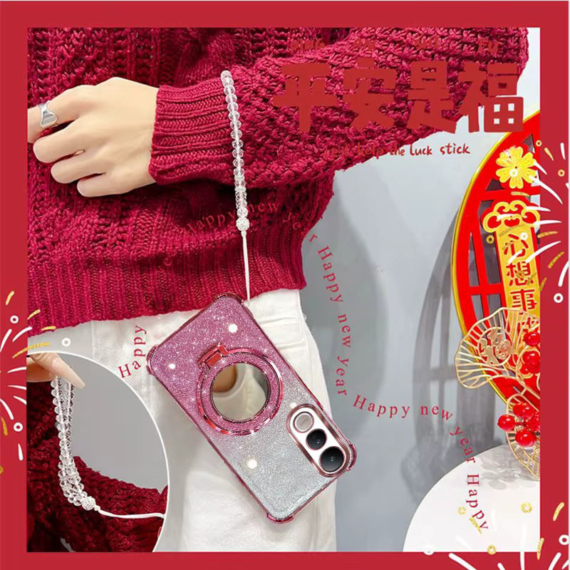 LIEI Handyhülle für Vivo V50 Lite in Pink mit Glitzer-Design, Spiegelständer und Perlenband - Bild 4