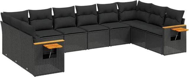 vidaXL 10-tlg. Garten-Sofagarnitur in L-Form aus Polyrattan und Akazienholz mit Kissen, Schwarz - Bild 1
