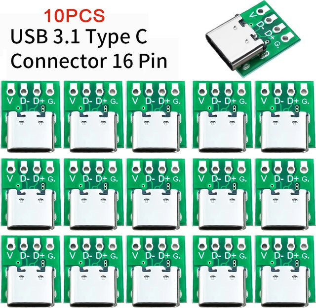 10 Stück USB-C Typ 3.1 Test PCB Board Adapter mit 16 Pin Buchse in Grün für Datenleitung und Kabelübertragung - Bild 1