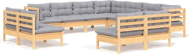 vidaXL 11-teiliges Garten-Lounge-Set aus massivem Kiefernholz in U-Form mit grauen Polstern - Bild 1