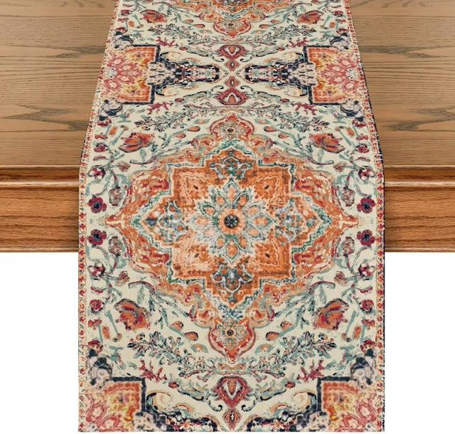 JMG Household Supplies Patchwork-Tischläufer im Bauernhausstil mit geometrischem Rautenmuster, Beige-Braun, Rot und Weiß, B: 90 cm, T: 33 cm - Bild 1