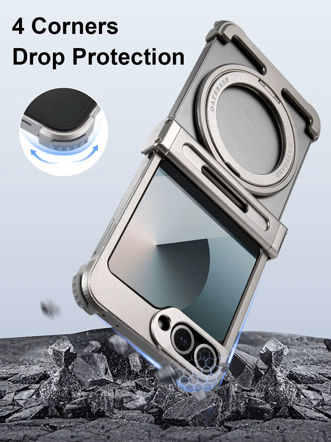 Oatsbasf Handyhülle für Samsung Galaxy Z Flip 6 in Titan Silver mit 360 Grad drehbarem Ständer, magnetisch und rahmenlos aus Metall - Bild 3