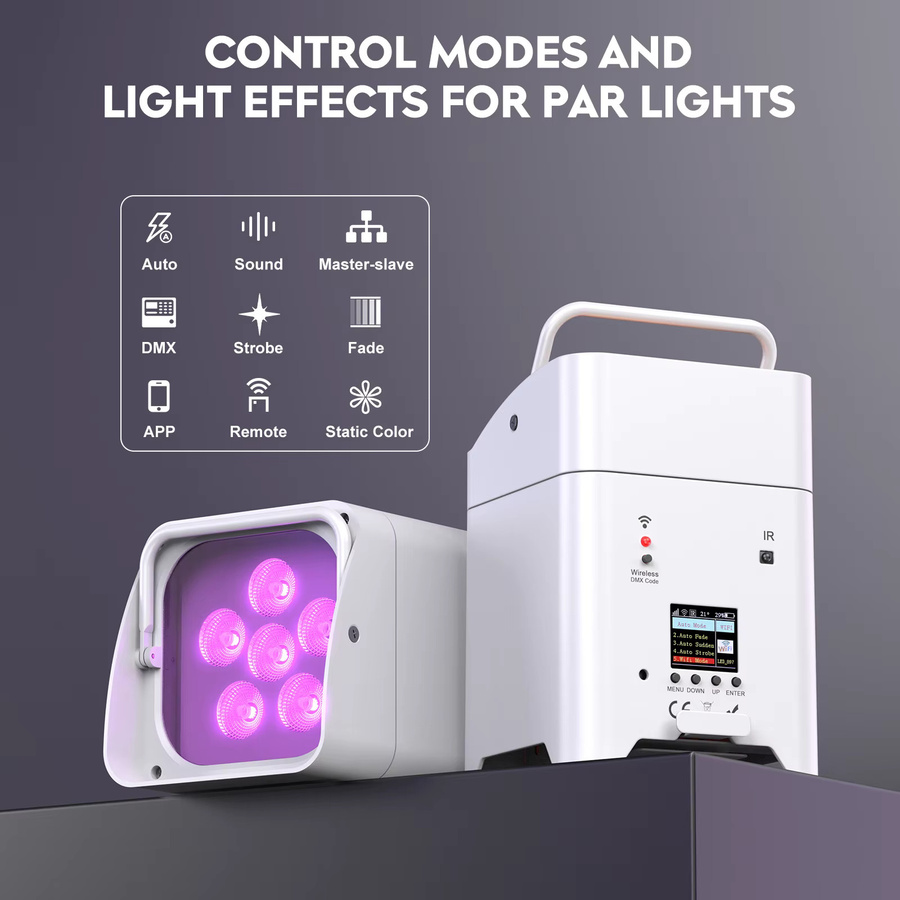U'King 4er Set RGBWA+UV LED Par Licht mit Tasche, 6x18W DMX Bühnenlicht, kabelloses Farblicht mit wiederaufladbarem Akku, Farbe: Weiß - Bild 4