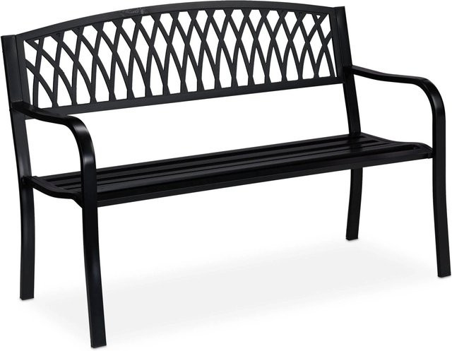 Relaxdays Gartenbank aus Stahl und Gusseisen in Schwarz mit Rauten-Motiv, Zweisitzer, B/T/H: 127 x 60 x 87 cm - Bild 1