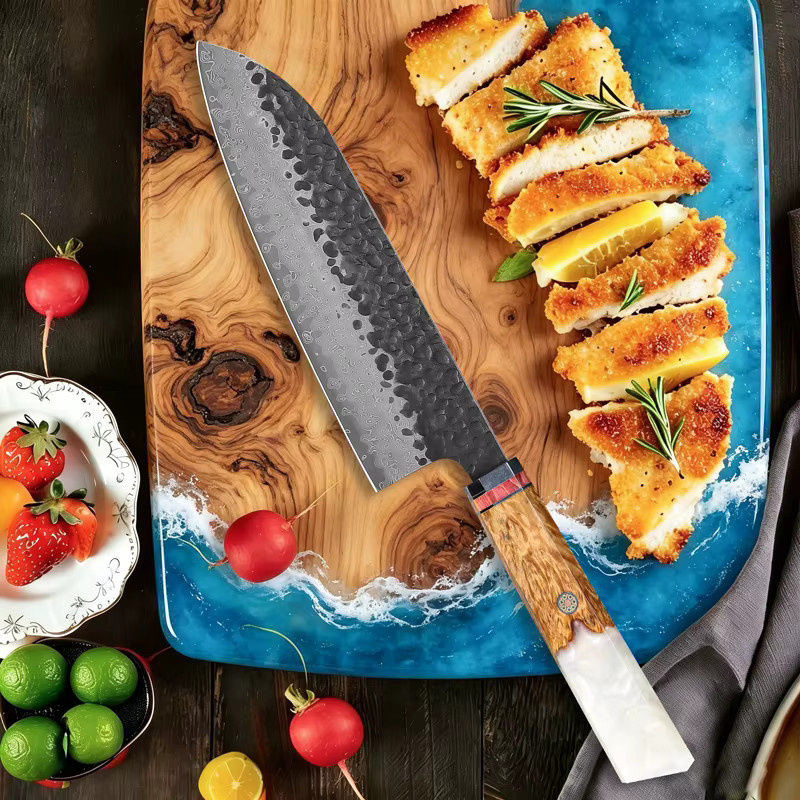 Baovim Santoku Kochmesser aus Damaszener Stahl mit Harzholz-Griff in Multicolour - Bild 2