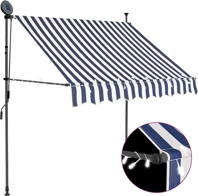 vidaXL Handbetriebene Markise mit LED in Blau-Weiß, Breite: 100 cm, Tiefe: 200 cm - Bild 1