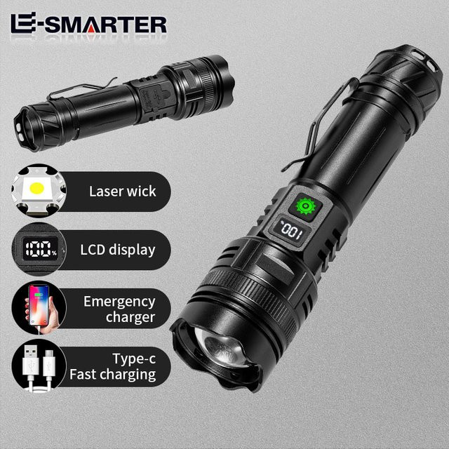 ESMARTER Taktische LED-Taschenlampe in Schwarz mit USB-C wiederaufladbarem Akku und starkem Blitzlicht - Bild 1