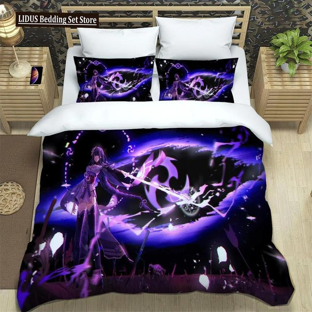Genshin Impact Anime Bettwäsche-Set aus Mikrofaser in Lila mit Bettbezug und Kissenbezug, B/H: 135 x 200 cm - Bild 1