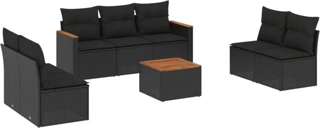 vidaXL 8-tlg Garten-Sofagarnitur aus Poly-Rattan und Akazienholz in Schwarz mit Kissen - Bild 1