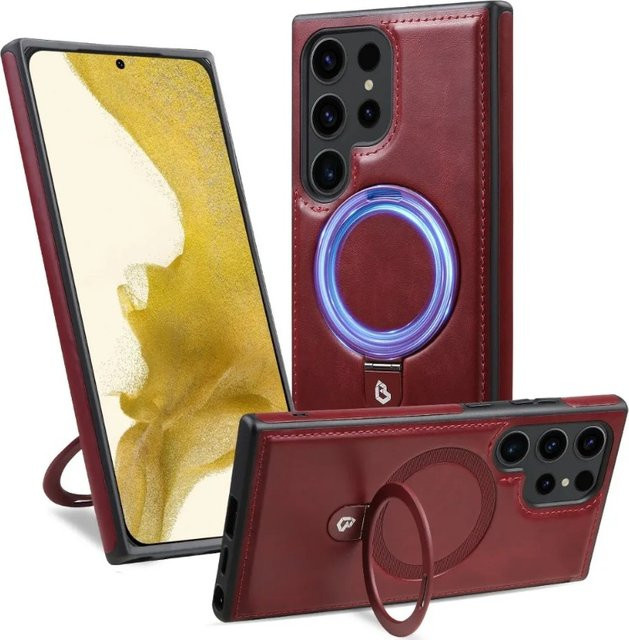 Magnetische Handyhülle aus stoßfestem PU-Leder mit Ringhalter und Kickstand für Samsung Galaxy S24 S23 S22 Ultra Plus in Rot - Bild 1