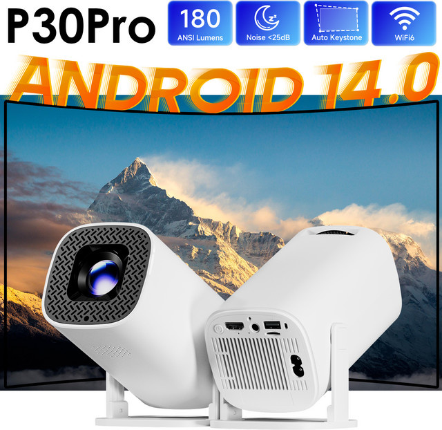 HONGTOP P30PRO Smart Mini-Projektor mit Android 14, Native 720p, 4K HD Unterstützung, WiFi 6 und Bluetooth 5.0, Tragbarer Outdoor-Projektor in Weiß - Bild 1