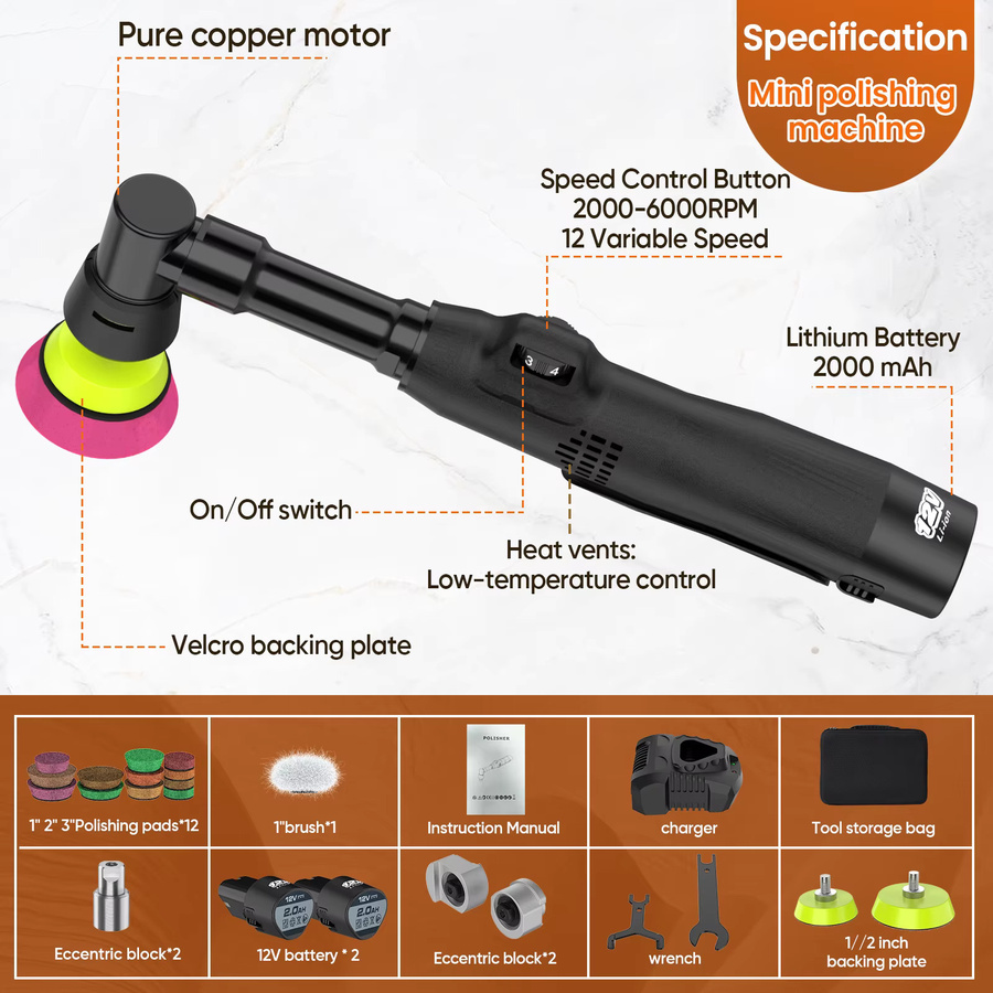 TKKEACE Kabelloser Mini-Autopolierer RO/DA Mikro-Kratzerentferner mit einstellbarer Geschwindigkeit, Schwarz, 12V 2000mAh, inklusive 2 Akkus - Bild 2