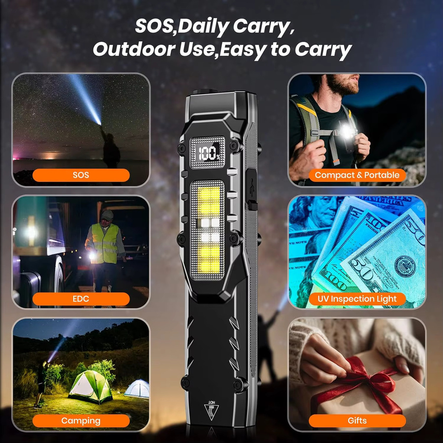 ZHIYU Taktische LED Flachtaschenlampe mit 1500 Lumen, wiederaufladbare EDC Taschenlampe mit Digitalanzeige und Dual-Switches, Schwarz - Bild 3