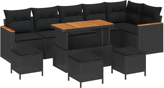 vidaXL Garten-Sofa-Set 10-teilig aus Poly-Rattan und Akazienholz in Schwarz mit Polsterkissen - Bild 1