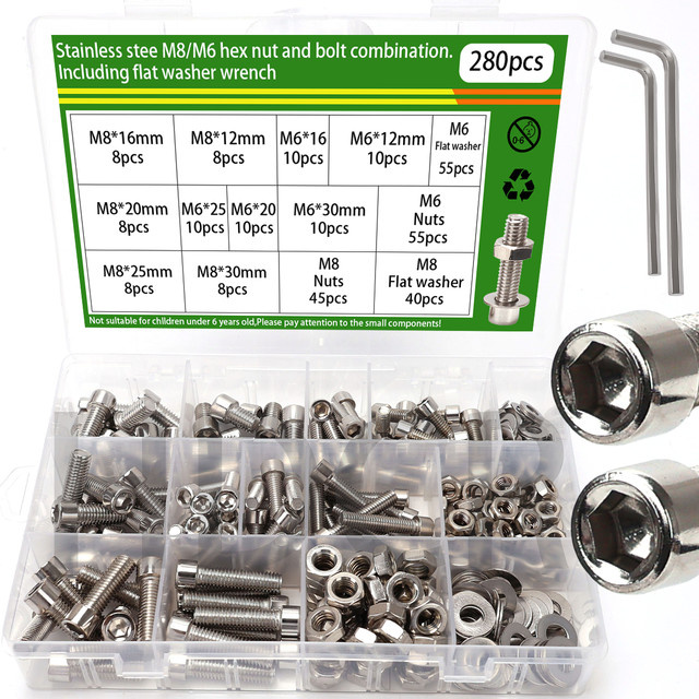 MIVM 280-teiliges Edelstahl-Schrauben- und Muttern-Set in Silber mit Innensechskant für M6 und M8 - Bild 1