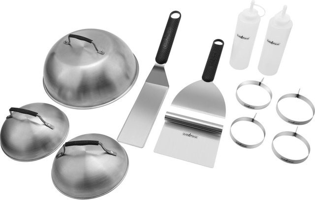 Grillfürst Plancha-Set 12-teilig aus Edelstahl und Kunststoff in Silber mit Wender, Spachtel, Schaber, Burgerglocken, Bratringen und Squeezeflaschen - Bild 1