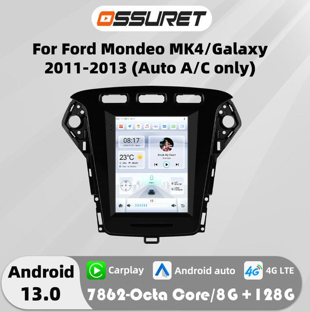 OSSURET Multimedia Autoradio mit Android 13, 9,7 Zoll Display, CarPlay, GPS und 4G für Ford Mondeo MK4 und Galaxy A/C (2011-2013), Schwarz - Bild 1