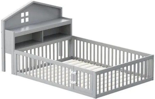 KOMHTOM Kinderbett aus Massivholz mit Stauraum, Regalen, Bilderleiste und Sicherheitsgitter in Grau, B/T/H: 140 x 200 cm - Bild 1