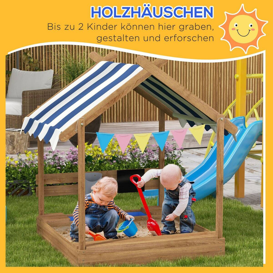 Outsunny Sandkasten aus Holz mit Dach, Sitzplatz und Tafel in Braun, B/T/H: 124 x 116 x 146 cm - Bild 4