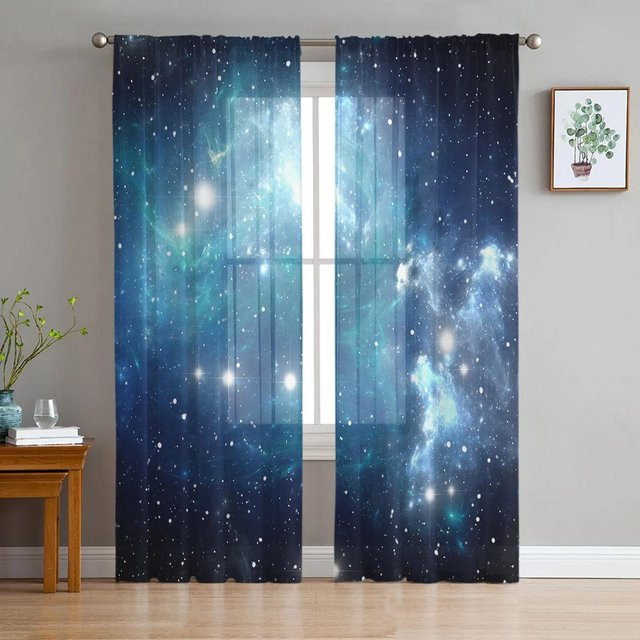 Yiran Furniture Transparente Tüll-Vorhänge mit Sternen-Design in Sternenhimmelblau, Organza-Gardine mit Ösen, Breite: 135 cm, Höhe: 115 cm - Bild 1