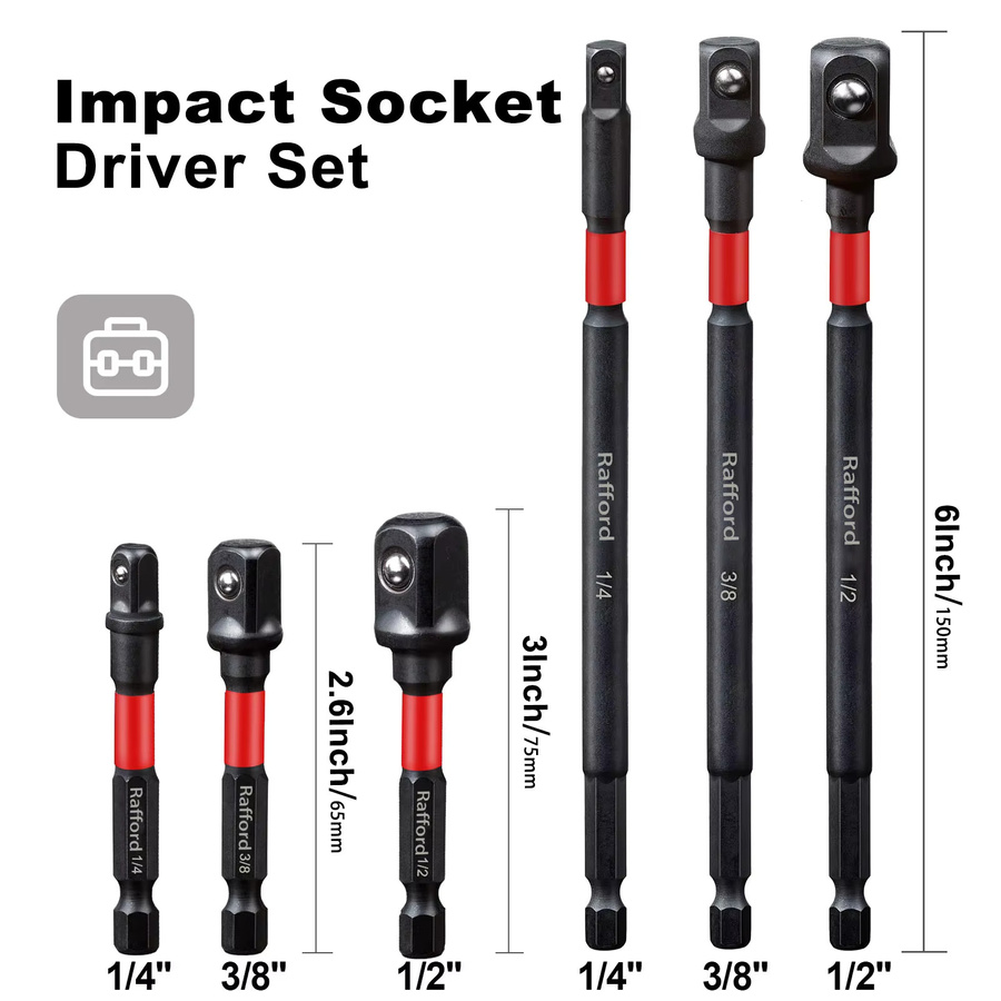 Rafford Schlagschrauber-Adapter-Set mit 1/4 Zoll, 3/8 Zoll und 1/2 Zoll Antrieb sowie Verlängerungsbit und Halter zur Anpassung von Bohrmaschinen an Schlagschrauber mit hohem Drehmoment - Bild 2