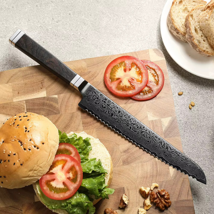 XINZUO Brotmesser aus 67-lagigem Damaszener Stahl mit schwarzem Ebenholz und G10 Griff, 21,59 cm - Bild 3