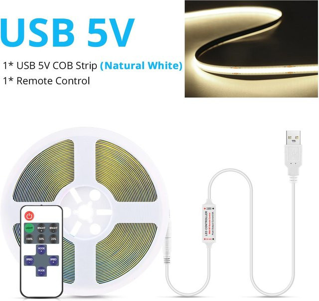 MALITAI COB LED-Streifen mit USB-Anschluss und RF-Fernbedienung, dimmbar, 5V, 3M Länge, Warmweiß und Kaltweiß, Lichtdichte RA90 mit 320 LEDs für TV-Hintergrundbeleuchtung - Bild 1