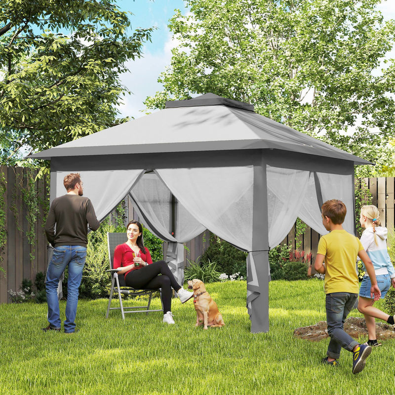 Aosom Outsunny Garten-Pavillon Pop-up Faltzelt mit doppeltem Dach, 4 abnehmbaren Mückennetzen und Tragetasche aus Oxford-Gewebe und Metall, Grau, B/T/H: 300 x 300 x 230 cm - Bild 2
