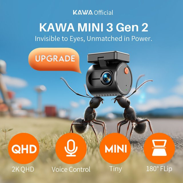 KAWA Tiny Dashcam MINI3 Gen2 Auto-DVR-Kamera mit 2K Auflösung, WiFi, App- und Sprachsteuerung sowie Nachtsicht in Schwarz - Bild 1