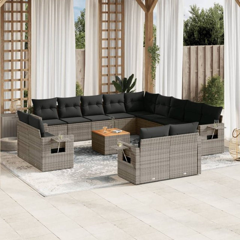 Vidaxl Gartenmöbel-Set aus Polyrattan und Akazie mit 14 Teilen und Kissen, Grau - Bild 1