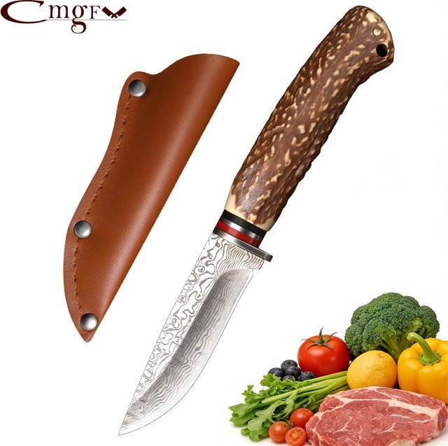 CMGF Damaskus Küchenmesser mit Holzgriff in Braun und Silber als Allzweckmesser für Fleisch, Obst und Lachs - Bild 1