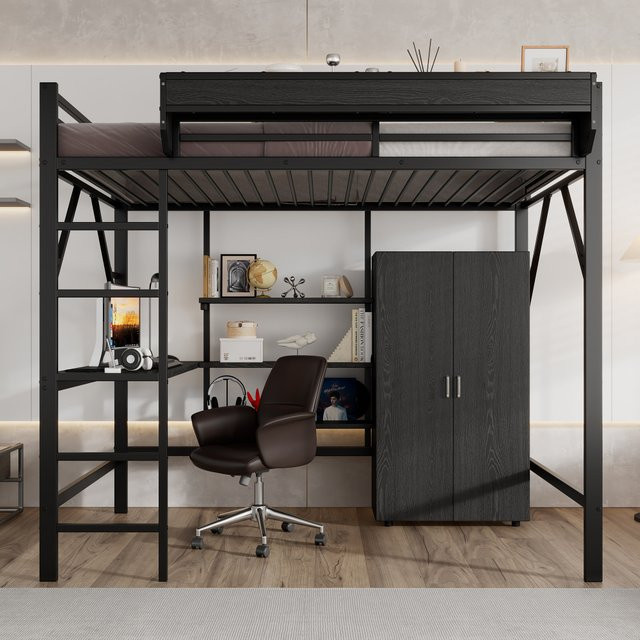 PINGGO Eisen-Hochbett mit Schreibtisch und Kleiderschrank in Schwarz, B/T/H: 140 x 200 cm, aus Eisen und MDF - Bild 1