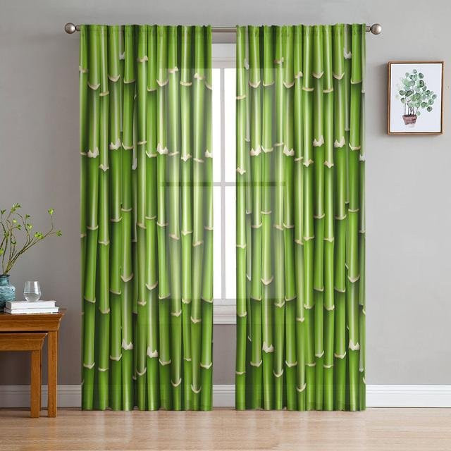 Transparenter Tüll-Vorhang mit grünem Bambusblatt-Design von A Family Of Home Textiles, Breite: 135 cm, Höhe: 213 cm - Bild 1