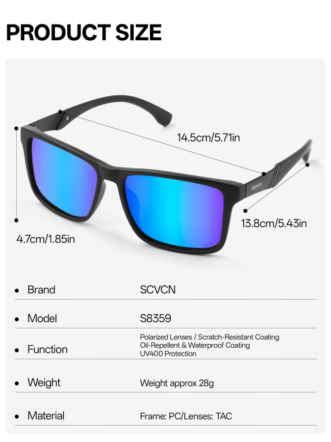 SCVCN Sonnenbrille, Vollrand, rechteckig, schwarz, Unisex, polarisiert - Bild 4