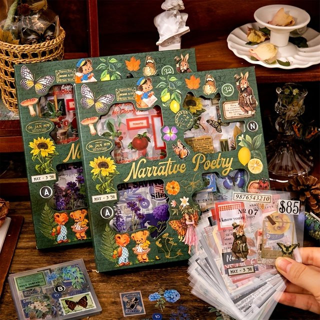 100 Stück Vintage-Pflanzenaufkleber-Set aus transparentem PET in Multicolour für DIY-Kunsthandwerk, Scrapbooking und Journaling - Bild 1