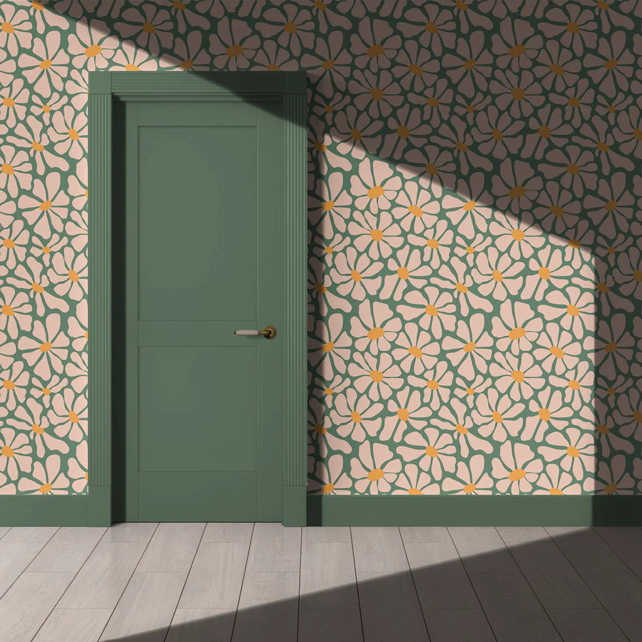 Pixel&Wall Funky Daisy Tapete im Retro-Design mit floralem Blumenmuster in Grün und Orange - Bild 3