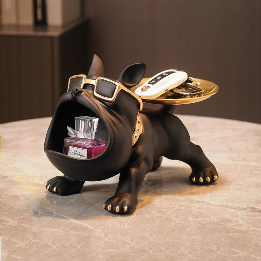 Nordische Dekor-Skulptur von Yiran Furniture, Französische Bulldogge mit Metalltablett in Schwarz aus Harz - Bild 2