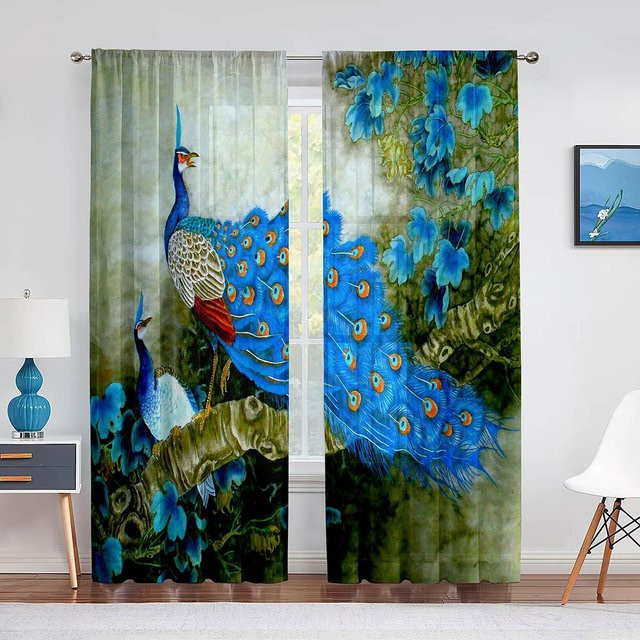 Super Six Chiffonvorhang mit Pfauen- und Blumenmuster in Pfauenblau, transparent, Breite: 100 cm, Höhe: 250 cm - Bild 1