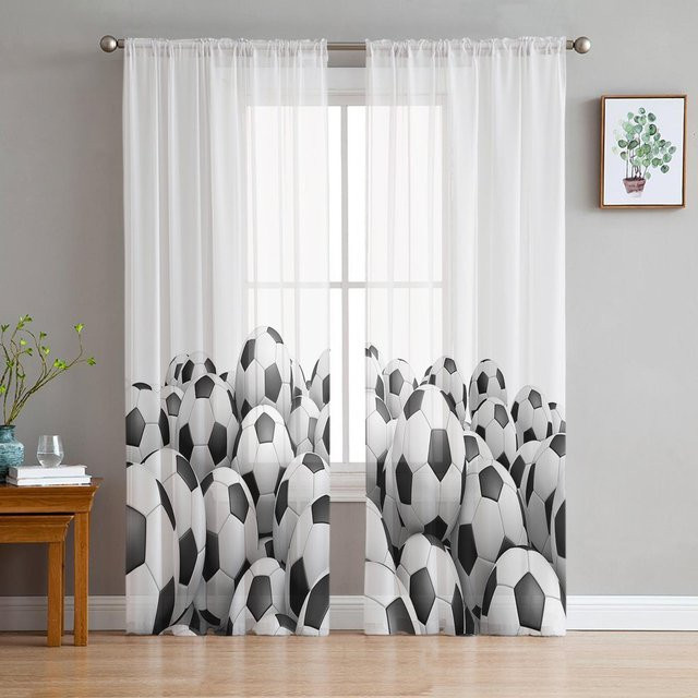 Fußball Motiv Gardinen Set aus semi-transparentem Tüll Voile Organza für Wohnzimmer und Küche, Farbe: Weiß, B: 135 cm, H: 137 cm, 2 Stück - Bild 1