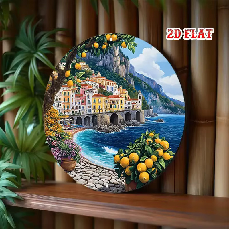 Potdemiel Metallwandkunst Amalfi-Küste Rund, Mediterrane Küstenlandschaft in Multicolour, Durchmesser: 20 cm - Bild 5